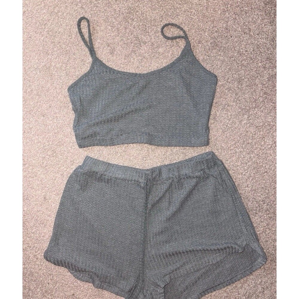 Women’s Sage Gray Green 2 Piece Pajama Set Medium Unbranded Ribbed Cami Shorts
